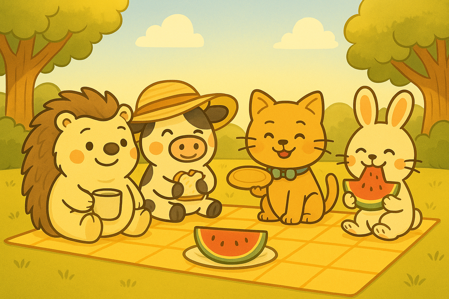 Chillkoot and friends having a picnic with watermelon